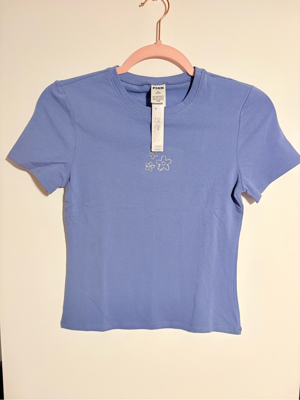 PINK Victoria's Secret Periwinkle Crewneck Tee with White Floral Embroidery